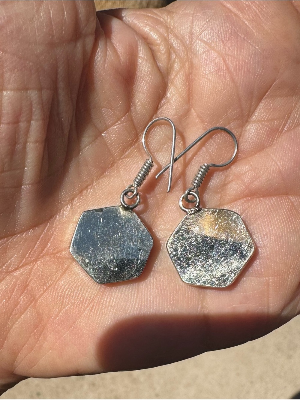 Nepalese Turquoise and Silver Hexagon Dangle Earrings - - Picture 6 of 8